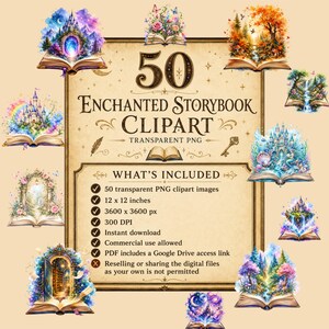 Puede incluir: Un gr&aacute;fico de arte digital con el texto "50 Enchanted Storybook Clipart" e im&aacute;genes de libros abiertos con escenas de fantas&iacute;a. El gr&aacute;fico incluye una lista de caracter&iacute;sticas, incluyendo im&aacute;genes de 30,48 x 30,48 cm y descarga instant&aacute;nea.