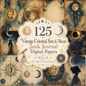 May include: A set of 125 vintage celestial digital papers. The papers feature illustrations of the sun, moon, stars, and figures, in a blue, gold, and beige colour scheme. The papers are 21.59 x 27.94 cm.