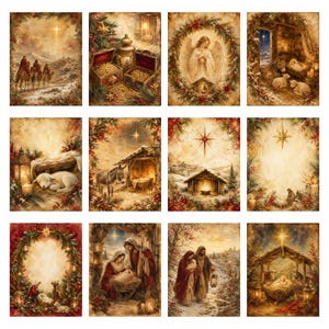 Puede incluir: Una colecci&oacute;n de doce l&aacute;minas rectangulares con tem&aacute;tica navide&ntilde;a que muestran escenas de la natividad, los tres reyes magos, &aacute;ngeles y la sagrada familia. Cada l&aacute;mina presenta ilustraciones en tonos sepia con vegetaci&oacute;n festiva y estrellas.