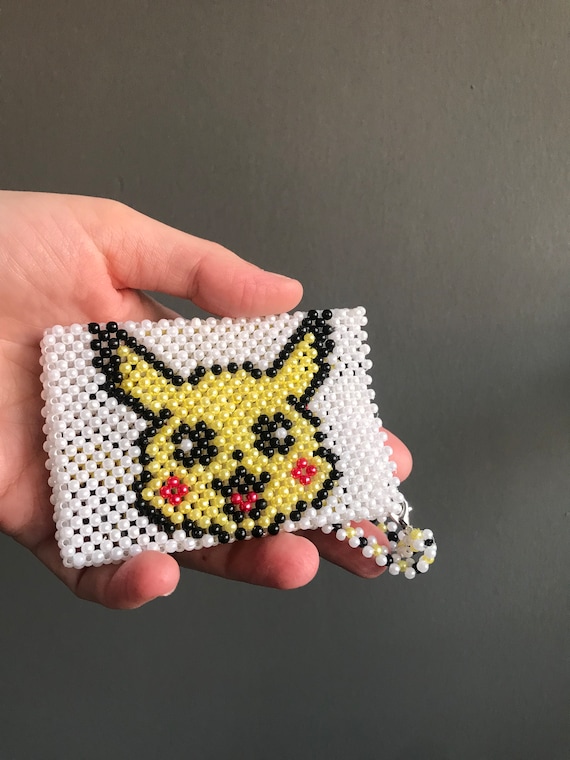 POKEMON WALLET- Pikachu Wallet- Handmade keychain- Handmade Wallet- Beaded  Wallet- Beaded Keychain- Minimalist Wallet