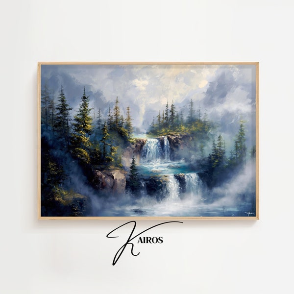 Landscape Waterfall Painting Printable Waterfall Vintage Painting Landscape Waterfall Art Printout Waterfall Wall Decor Digital Download