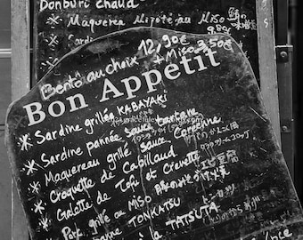 Black and White Photo Print of the traditional menu chalkboard printed with Bon Appetit at the top with Japanese characters around it