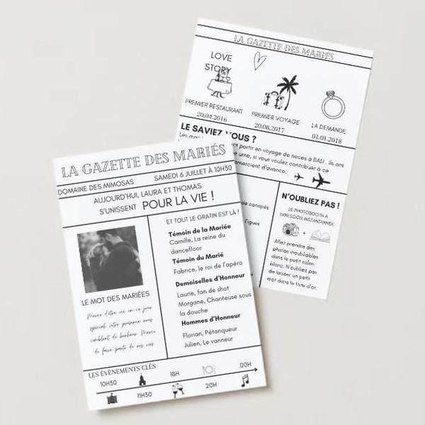Gazette des Mariés, Mariage Template Canva Invitation Mariage Personnalisable Journal Editable Modifiable Canva format A4, 2 pages