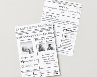 Gazette des Baptemes, Bapteme Template Canva Invitation Bapteme Personnalisable Journal Editable Modifiable Canva format A4