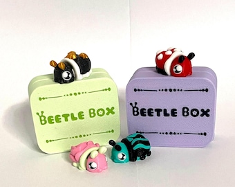 3D printed Beetle Box play set with 2 Flexi Beetles, Keychain Beetles, Purse, Backpack or Zipper Charm