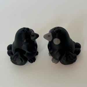 May include: Two black 3D printed bird figurines. One bird is facing the left and the other is facing the right. The bird facing the right has a gray beak and a gray eye.