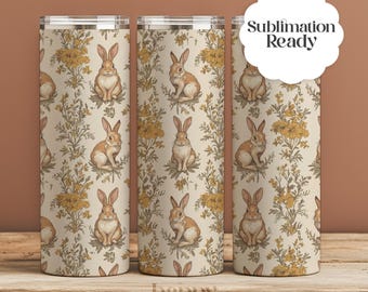 Spring Rabbit Tumbler Wrap, Floral Easter Bunny (PNG Download)