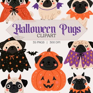 Zestaw clipartów z mopsami na Halloween, upiorne grafiki z psami, dynia, nietoperze, mopsy (PNG)