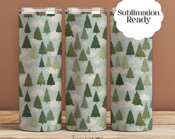 Pine Tree Christmas 20oz Skinny Tumbler Wrap PNG | Evergreen Forest Holiday Sublimation Design | Seamless Green Christmas Tree Pattern