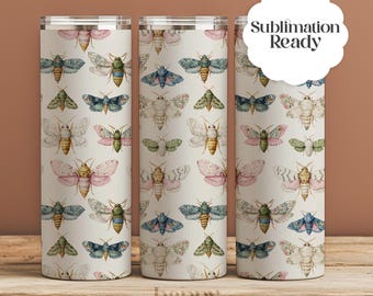 Cottagecore Moth Tumbler Wrap | Gold Floral Sublimation PNG (20oz)