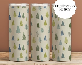 Cute Pine Tree Christmas 20oz Skinny Tumbler Wrap PNG | Illustrated Evergreen Forest Sublimation Design | Seamless Green Tree Pattern