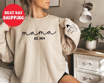 Personalized Mama Sweatshirt With Kids Names Sleeve, Mama Est 2024 Sweater, Est Date Mom Outfit, Custom Momma Hoodie, Gift For Mother