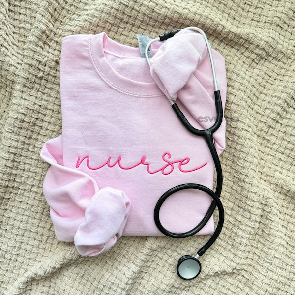 embroidered nurse script crewneck sweatshirt, pick your color combo, personalized nurse gift, rn gift, nurse trendy apparel