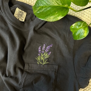comfort colors embroidered lavender pocket tshirt, cute every day tee, plant lover gift