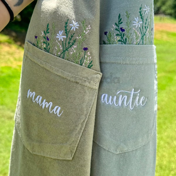 comfort colors embroidered wildflower pocket tshirt with name, flower pocket tee, cute every day tee, mama, auntie shirt, gift for her