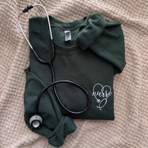 embroidered nurse heart stethoscope crewneck sweatshirt, pick your color combo, personalized nurse gift, rn gift, nurse trendy apparel