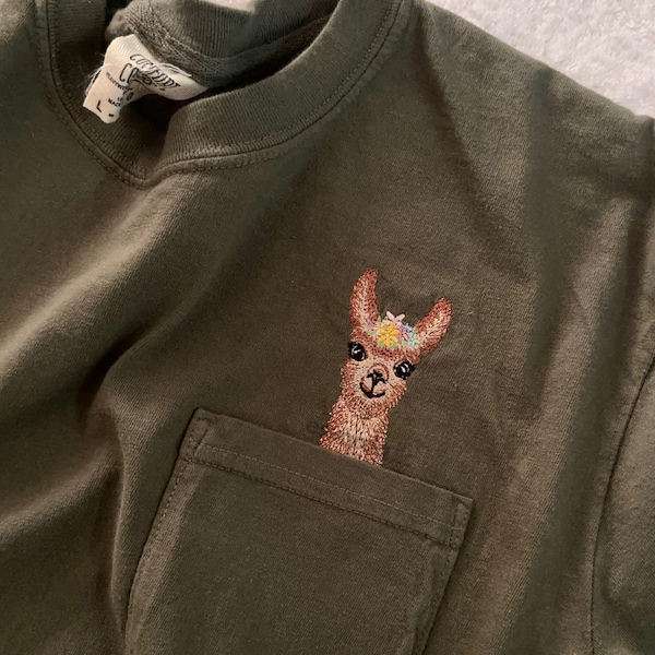 comfort colors embroidered llama pocket tshirt, cute every day tee, alpaca tee, llama shirt