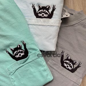raccoon pocket t-shirt, comfort colors embroidered shirt, cute raccoon pocket tee, cute every day tee,  gift for her, trendy pocket tee