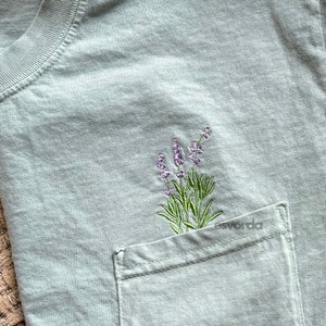 comfort colors embroidered lavender pocket tshirt, cute every day tee, plant lover gift