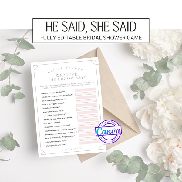 He Said She Said Bridal Shower Game, Bachelorette Party Game, Hen Party Games, Fully Editable Template, Instant Download, Canva