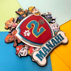 Personalised Paw Patrol - Shield Theme Cake Topper - Birthday Cake Toppers - 3D - Birthday Decorations -  Party Supplies - Dog - Chase Skye