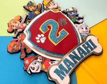 Personalised Paw Patrol - Shield Theme Cake Topper - Birthday Cake Toppers - 3D - Birthday Decorations -  Party Supplies - Dog - Chase Skye