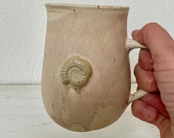 Ammonite cup, ceramic cup with ammonite, pottery cup with ammonite