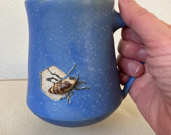 Bee cup blue, pottery cup with bee