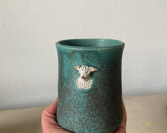 Drinking cup sheep, pottery cup with animal motif