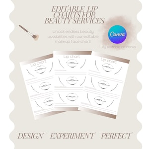 May include: Three printable lip charts with different lip shapes and lines for makeup artists to use as a guide. The charts are labeled "Lip chart" and have space for product names.