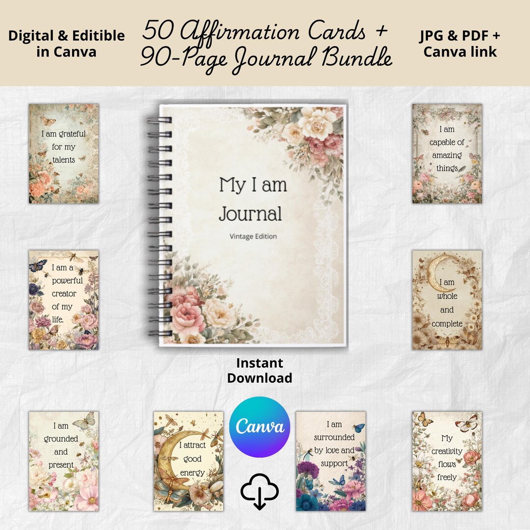 Affirmation Cards Printable Bundle, 50 I Am Cards + Journal, Vintage ...