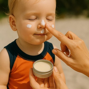 May include: A young child with fair skin and blonde hair has white sunscreen applied to their face. The child is wearing an orange and navy blue tank top. A small, round, silver container of sunscreen is held in the foreground.