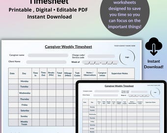 Caregiver Timesheet Template: Weekly Time Log, Mileage Tracker (Printable PDF)