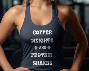 Fitness Enthusiast Tank, Coffee Weights Protein Shakes, Gym Motivation Workout Tee, Gym Tank Top, Gym Apparel, Casual Sportswear, Gym Attire