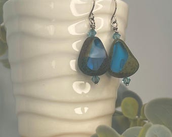 Peacock Bead & Swarovski Crystal Silver French Hook Earrings