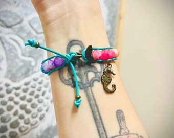 Color of the Sea - Rainbow Quartz Seahorse Leather Wrap Bracelet