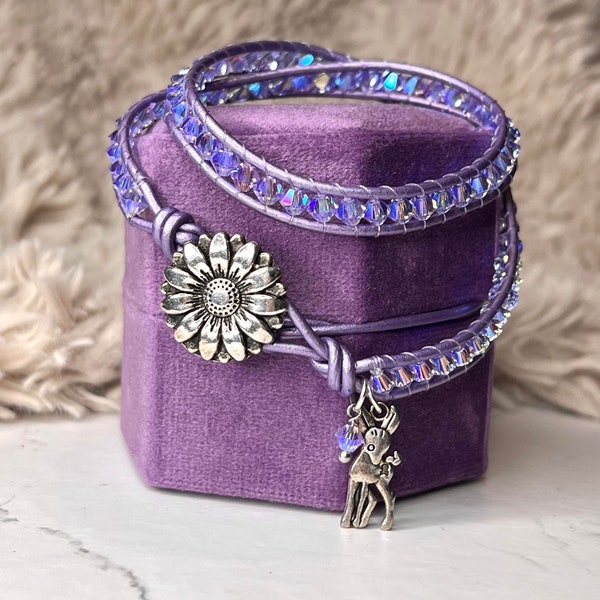 Purple Swarovski Crystal Doe & Sunflower Double-Wrap Bracelet