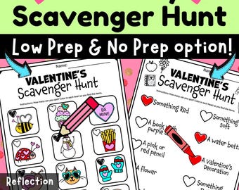 Valentine’s Day Scavenger Hunt for Kids | Low-Prep & No-Prep Classroom Activity + Reflection Worksheets | K-3