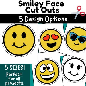 Puede incluir: Cinco recortes de caras sonrientes diferentes con varias expresiones, incluyendo una cara sonriente clásica, una cara sonriente con corazones por ojos, una cara sonriente con gafas de sol, una cara sonriente con ojos saltones y una cara sonriente simple. El texto "5 Design Options" y "5 SIZES! Perfect for all projects." también está incluido en la imagen.