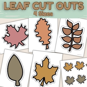 Puede incluir: Recortes de hojas en varios colores y formas, incluyendo hojas de arce y roble. El texto "LEAF CUT OUTS" y "4 Sizes" está en la parte superior. Cada hoja tiene un contorno negro con una línea punteada para cortar.