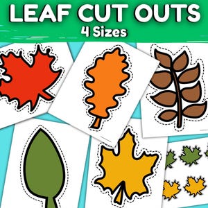 May include: Leaf cutouts in various colors, including red, orange, yellow, green, and brown. The image shows different leaf shapes with a dashed outline, and the text "LEAF CUT OUTS" and "4 Sizes" is at the top.