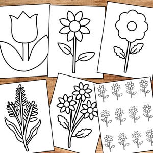 Könnte beinhalten: Schwarz-weiße Linienzeichnungen verschiedener Blumen. Die Illustrationen beinhalten eine Tulpe, eine Sonnenblume, eine Gänseblümchen und eine Gruppe kleiner Blumen.