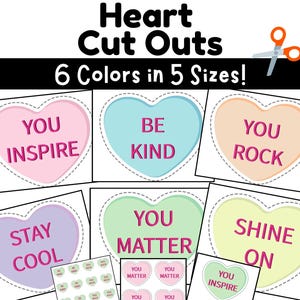 Op de afbeelding: Printbare hartvormen in zes kleuren en vijf maten met positieve boodschappen zoals "You Inspire", "Be Kind", "You Rock", "Stay Cool", "You Matter" en "Shine On".