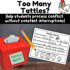 Puede incluir: Una "Tattle Box" roja con una pegatina "Tattle Box", un lápiz y un "Tattle Form" sobre un fondo oscuro. El formulario está relleno con el nombre "Max" y detalles sobre un incidente. El texto dice "Too Many Tattles?" y "Help students process conflict."