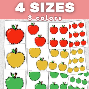 May include: A collection of apple-shaped cutouts in red, yellow, and green, each with a green leaf and brown stem. The image displays various sizes and arrangements of the apple cutouts, with the text "4 SIZES" and "3 colors" at the top.