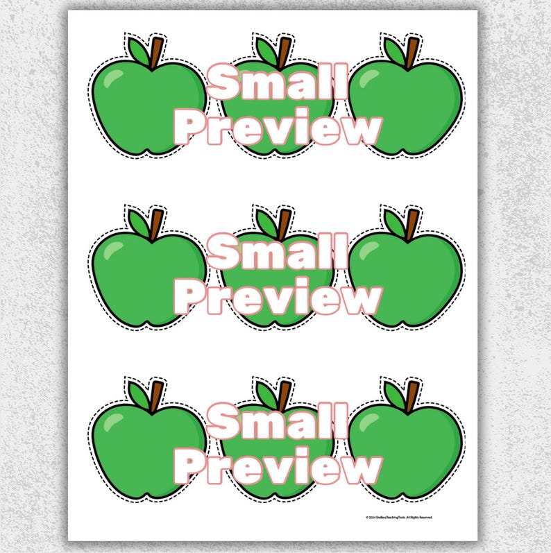 May include: A sheet of stickers featuring green apple designs with brown stems and leaves. The text "Small Preview" is printed in pink across the center of each apple. The stickers are outlined with a dashed black line.