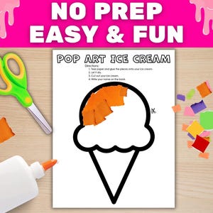 Puede incluir: Una hoja de actividades imprimible titulada POP ART ICE CREAM con instrucciones para rasgar papel, pegar y cortar. La hoja presenta un contorno negro de un cono de helado con trozos de papel naranja pegados parcialmente en la bola.