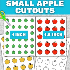 Op de afbeelding: Vellen met appeluitsparingen in groen, rood, geel en wit. De tekst "SMALL APPLE CUTOUTS" staat bovenaan. De groene appels zijn 2,5 cm, en de rode appels zijn 3,8 cm. Schaar in de linkerbovenhoek.