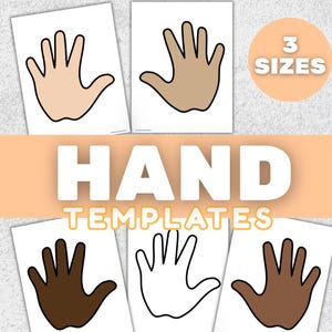 Op de afbeelding: Hand sjablonen in verschillende huidtinten en een witte omtrek worden weergegeven op wit papier. De afbeelding bevat de tekst "HAND TEMPLATES" en "3 SIZES" op een cirkelvormige oranje achtergrond. Ideaal voor knutsel- en educatieve projecten.