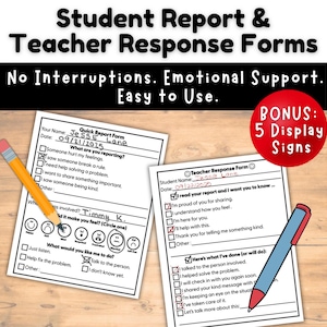 Puede incluir: Dos formularios de informe estudiantil blancos con texto y casillas de verificación, uno con un lápiz y el otro con un bolígrafo. Los formularios se titulan "Student Report & Teacher Response Forms" e incluyen el texto "No Interruptions. Emotional Support. Easy to Use."